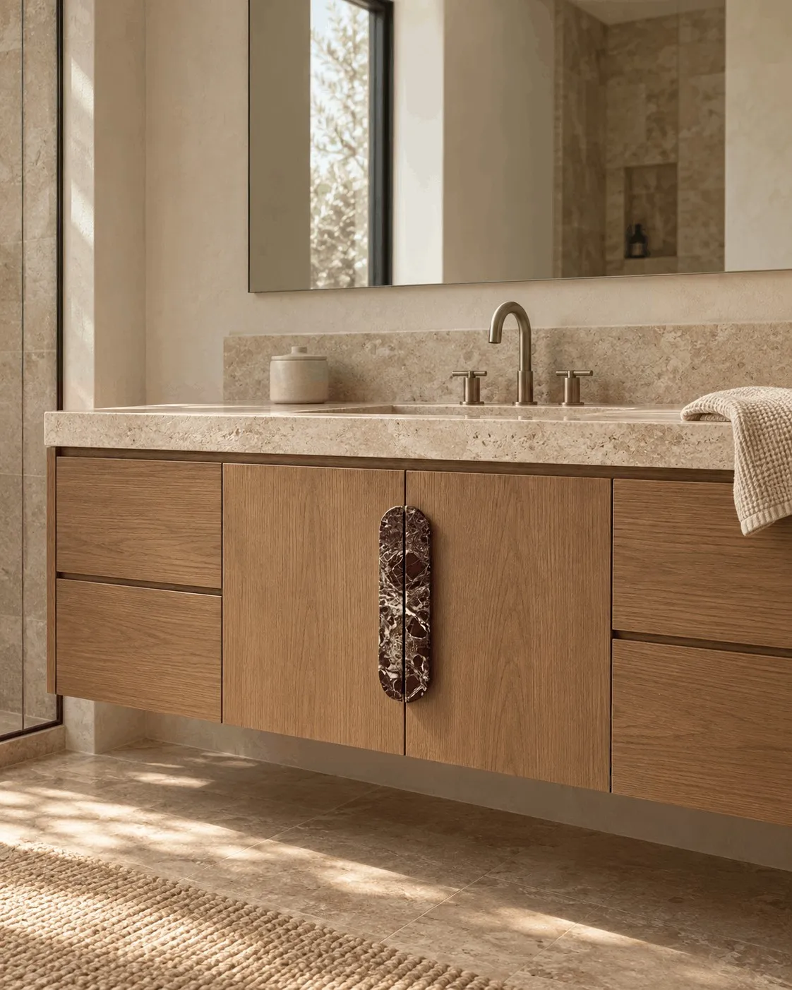 An Oval Pull in red Rosso Levanto marble on an oak bathroom vanity