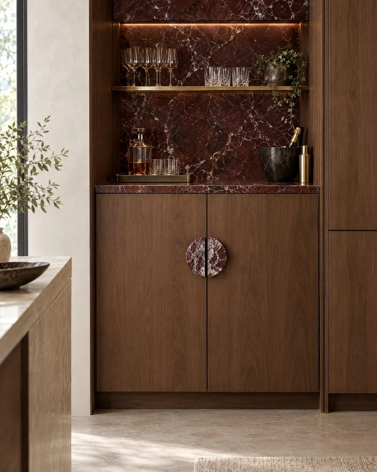 Round Pull in Rosso Levanto, honed, installed