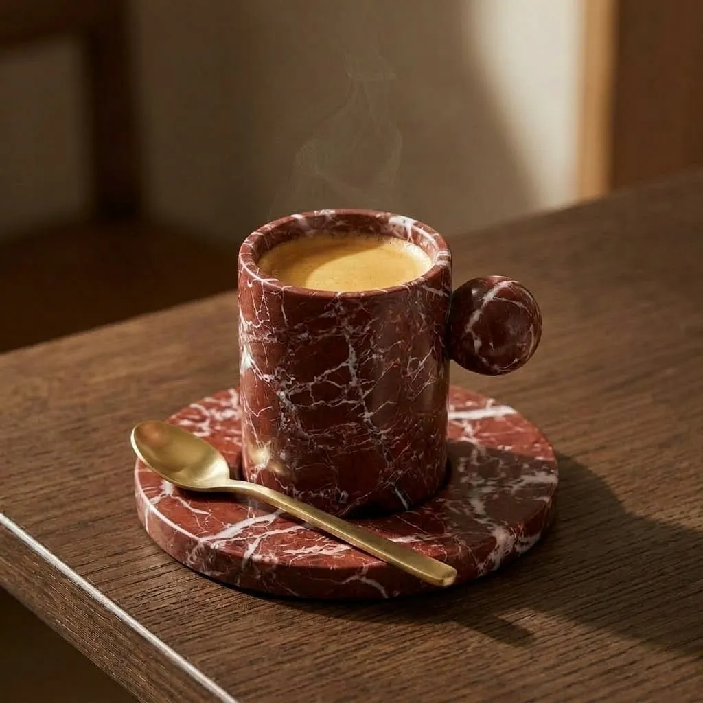 Espresso Cups in Rosso Levanto, at home