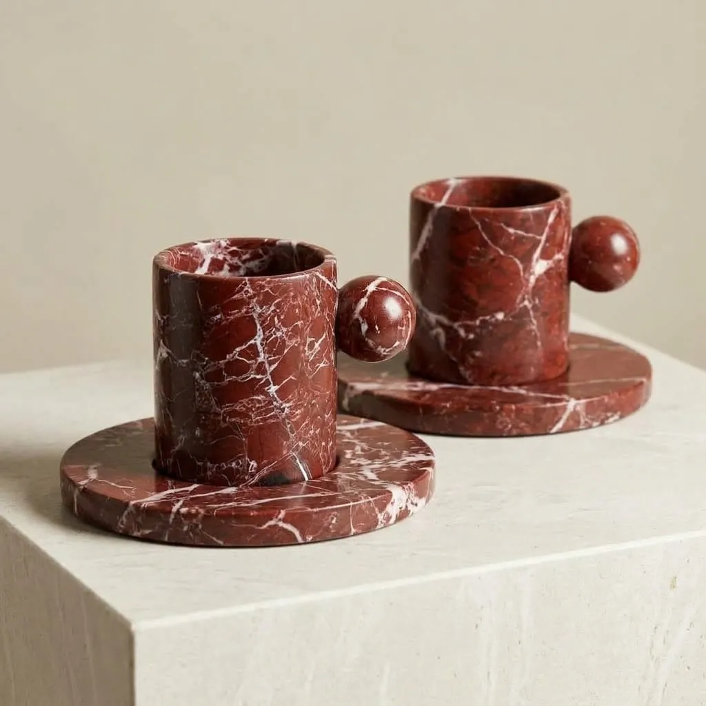 Espresso Cups in Rosso Levanto, on a plain background